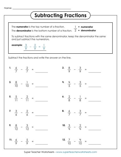 Subtracting Fractions: Same Denominator - Subtracting Fractions w/ Like Denominators (Horizontal) (Printable PDF Worksheet)