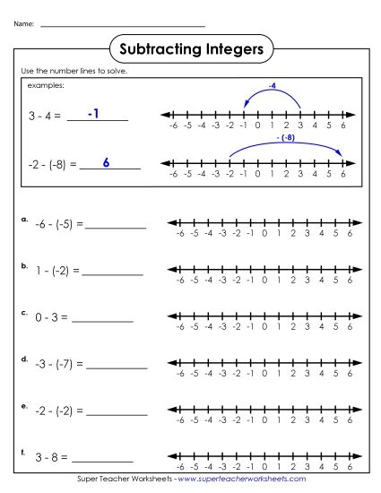 Number Line Subtraction - Subtracting Integers #2 (Printable PDF Worksheet)