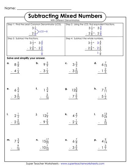 Adding and Subtracting Mixed Numbers - Subtracting Mixed Numbers 2 (Unlike Denominators) (Printable PDF Worksheet)