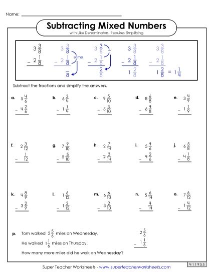 Subtracting Mixed Numbers: Same Denominators - Subtracting Mixed Numbers (Printable PDF Worksheet)