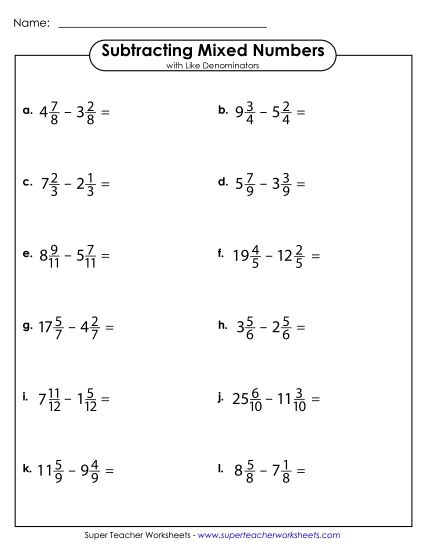 Subtracting Mixed Numbers: Same Denominators - Subtracting Mixed Numbers with Like Denominators (Horizontal) (Printable PDF Worksheet)