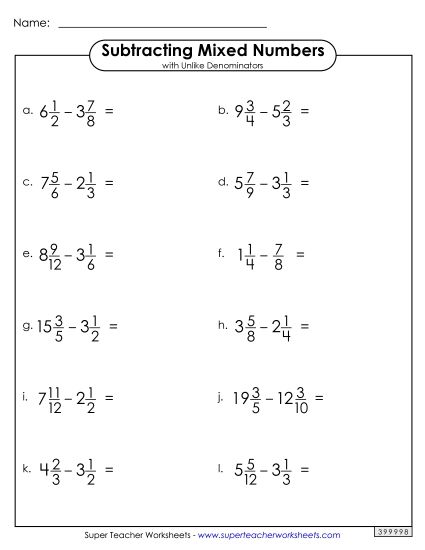 Subtracting Mixed Numbers: Different Denominators - Subtracting Mixed Numbers with Unlike Denominators (Horizontal) (Printable PDF Worksheet)