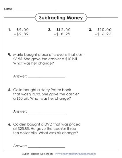 Subtracting Money Worksheets - Subtracting Money (Across Zero) (Printable PDF Worksheet)