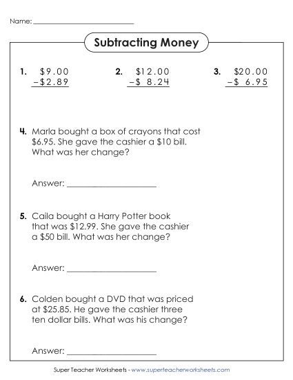 Level: Advanced $1.00 and Up - Subtracting Money & Making Change (Printable PDF Worksheet)