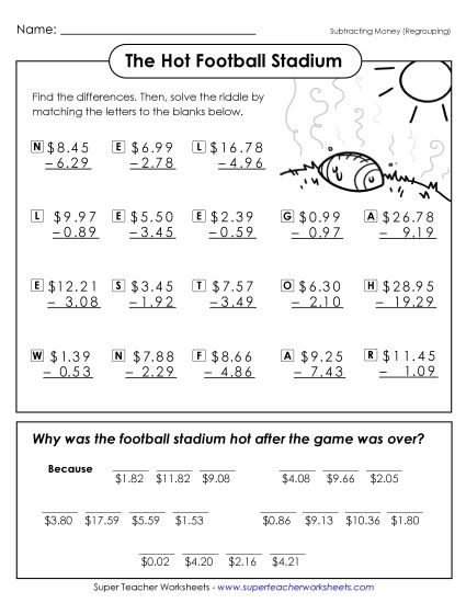 Football Math - Subtracting Money (Math Riddle) Hot Football Stadium (Printable PDF Worksheet)