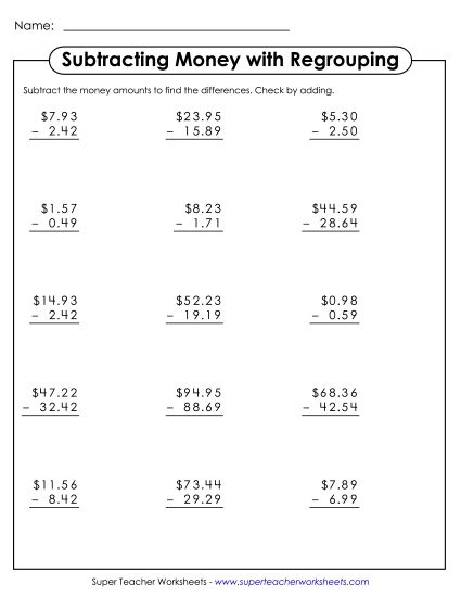 Subtracting Money Worksheets - Subtracting Money (No Zeros) (Printable PDF Worksheet)