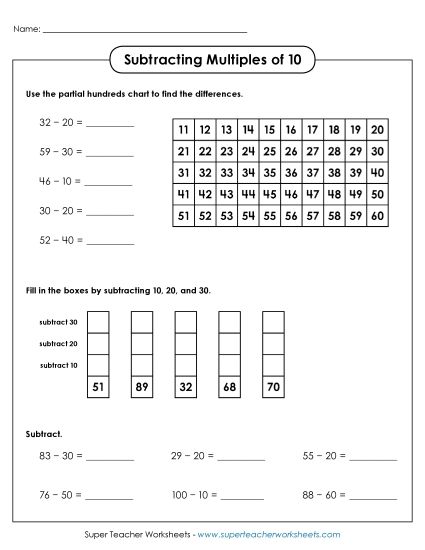 Subtracting Multiples of 10 - Subtracting Multiples of 10 (With a Hundreds Chart) (Printable PDF Worksheet)