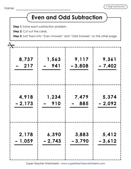 4-Digit Subtraction Worksheets - Subtracting Numbers: Even/Odd Sort (Printable PDF Worksheet)