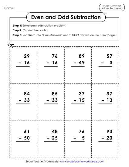 Subtraction Worksheets (No Borrowing) - Subtracting Numbers: Even/Odd Sort (Printable PDF Worksheet)