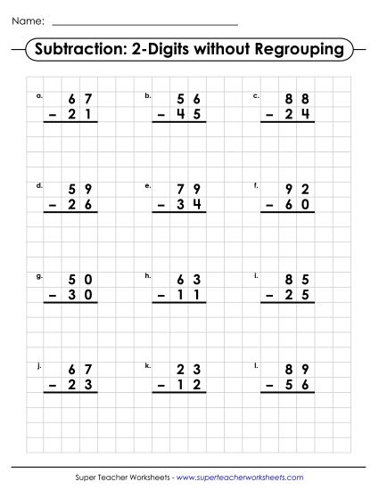 Subtraction Worksheets (No Borrowing) - Subtracting using Graph Paper (2-Digits / No Regrouping) (Printable PDF Worksheet)