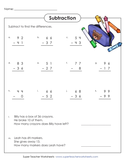 2-Digit Subtraction Worksheets - Subtracting with 2-Digit Numbers (Printable PDF Worksheet)