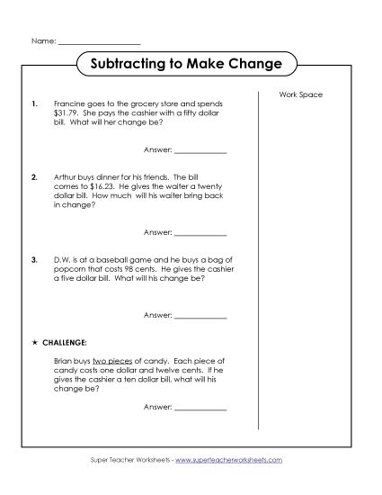 Subtraction - Subtracting Word Problems: Making Change (Medium) (Printable PDF Worksheet)