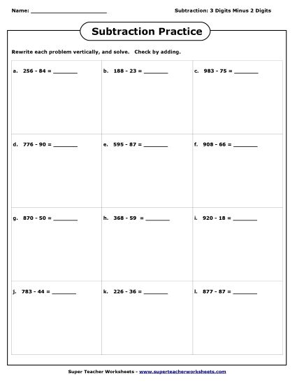 3-Digit Subtraction Worksheets - Subtraction (3 digits - 2 digits) (Printable PDF Worksheet)