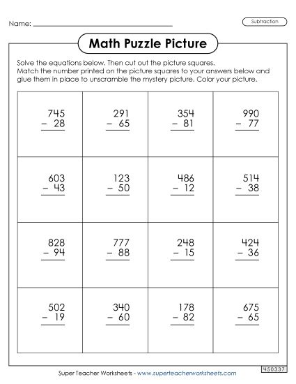 3-Digit Subtraction Worksheets - Subtraction (3 digits - 2 digits)  - Sled Picture Puzzle (Printable PDF Worksheet)