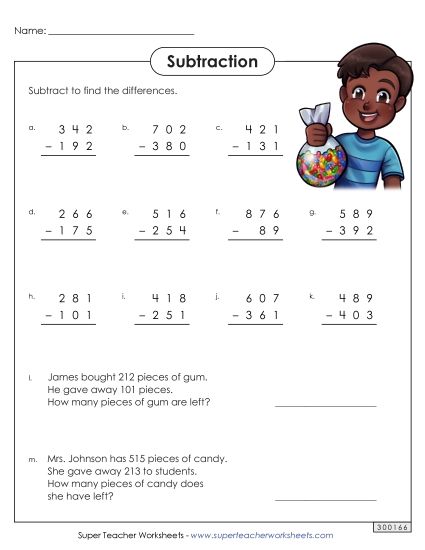 3-Digit Subtraction Worksheets - Subtraction: 3-Digits (Printable PDF Worksheet)