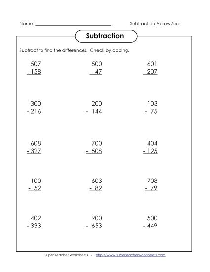 3-Digit Subtraction Worksheets - Subtraction Across Zero Worksheet (Printable PDF Worksheet)