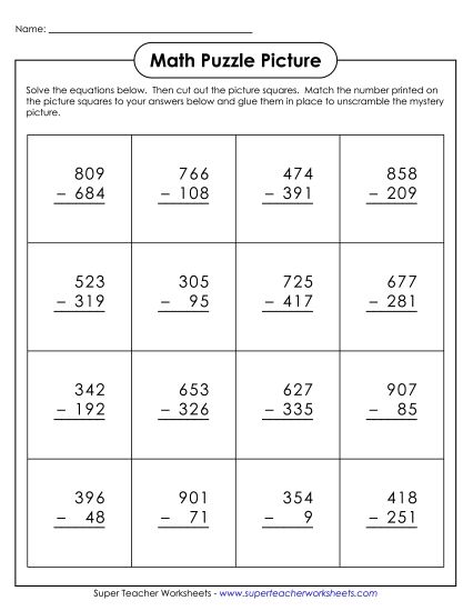 Subtraction - Subtraction Addition: Frankenstein Cut-and-Glue Mystery Puzzle (Printable PDF Worksheet)