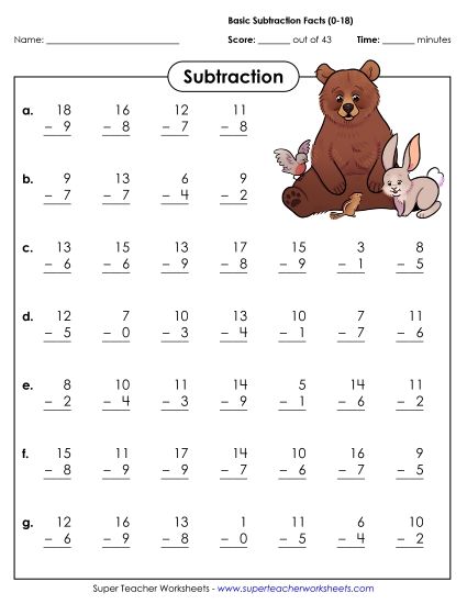 Subtraction Speed Drills - Subtraction Basic Facts (0-18) (Printable PDF Worksheet)