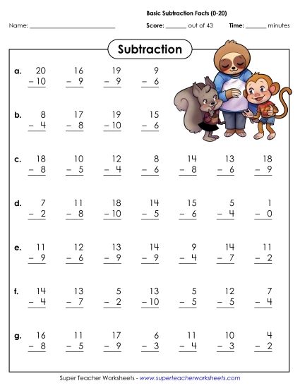 Subtraction Speed Drills - Subtraction Basic Facts (0-20) (Printable PDF Worksheet)