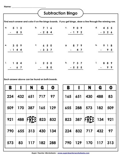 3-Digit Subtraction Worksheets - Subtraction Bingo  (3-digits / Regrouping) (Printable PDF Worksheet)