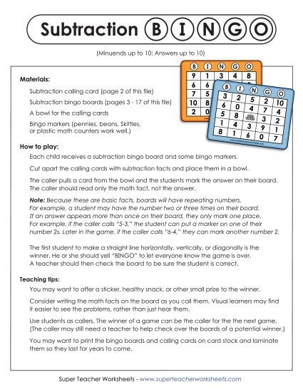 Basic Subtraction Games - Subtraction Bingo (Basic Facts Within 10) (Printable PDF Worksheet)