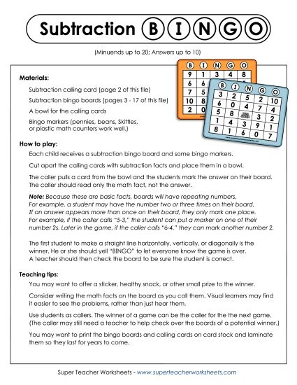 Games & Activities - Subtraction Bingo (Minuends up to 20) (Printable PDF Worksheet)