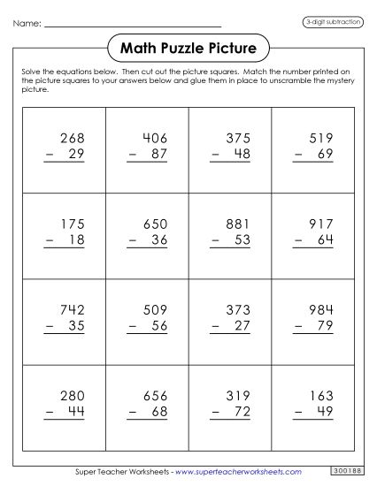 St. Pat's Subtraction - Subtraction (Borrowing) - Leprechaun Picture Puzzle (Printable PDF Worksheet)