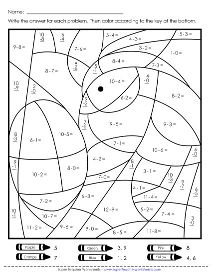 Easter Subtraction - Subtraction: Chick and Egg Mystery Picture (Basic Facts 0-10) (Printable PDF Worksheet)