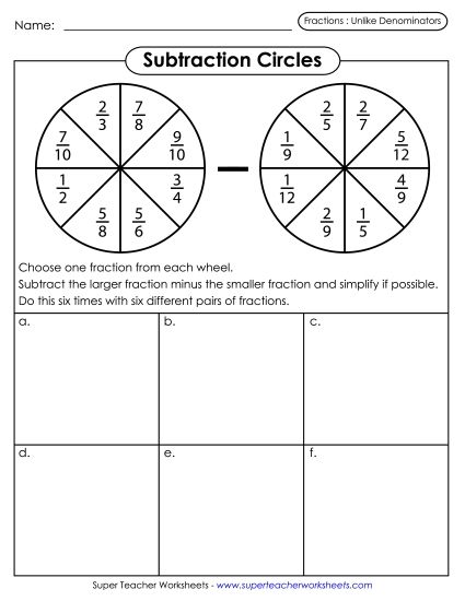 Subtracting Fractions: Different Denominators - Subtraction Circles (Fractions w/ Unlike Denominators) (Printable PDF Worksheet)
