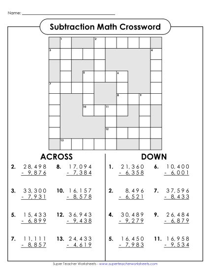 Subtraction - Subtraction Crossword (4 and 5-Digit) (Printable PDF Worksheet)
