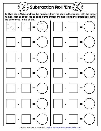 Basic Subtraction Games - Subtraction Dice Game (1 Player) (Printable PDF Worksheet)