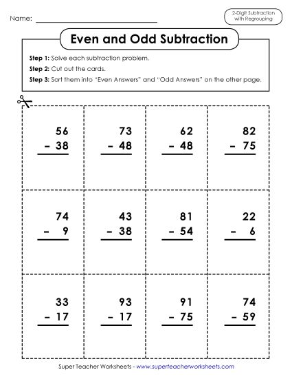 2-Digit Subtraction Worksheets - Subtraction: Even Odd Sort (Printable PDF Worksheet)