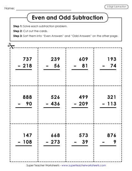 3-Digit Subtraction Worksheets - Subtraction: Even/Odd Sort Activity (Printable PDF Worksheet)