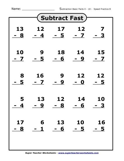 Subtraction Basic Facts (0-18) Mad Minute Drills - Subtraction Facts 0-18 (Worksheet B) (Printable PDF Worksheet)