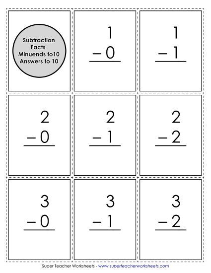 Flashcards - Subtraction Flashcards Minuends to 10; Answers to 10 (Printable PDF Worksheet)