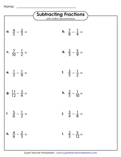 Subtracting Fractions: Different Denominators - Subtraction Fractions w/ Unlike Denominators (Horizontal) (Printable PDF Worksheet)