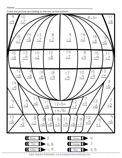 Subtraction - Subtraction: Hot Air Balloon (Printable PDF Worksheet)