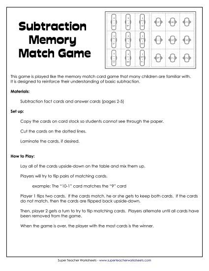 Basic Subtraction Games - Subtraction Matching Game (Basic Facts Within 10) (Printable PDF Worksheet)