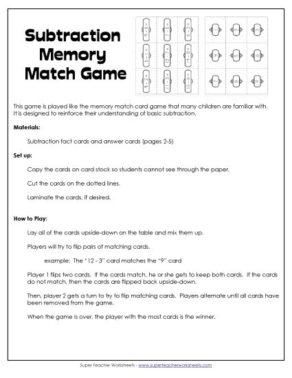Games & Activities - Subtraction Matching Game (Basic Facts Within 20) (Printable PDF Worksheet)