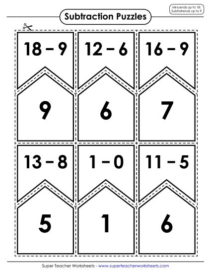 Subtraction: Minuends up to 18, Subtrahends up to 9 (Printable PDF Worksheet)