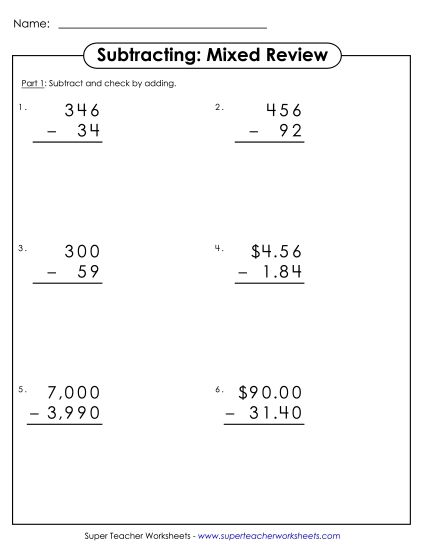 4-Digit Subtraction Worksheets - Subtraction Mixed Review (Printable PDF Worksheet)