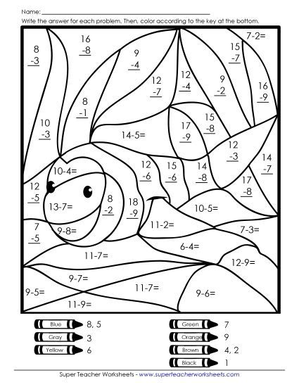 Addition & Subtraction - Subtraction Mystery Picture: Clownfish (Printable PDF Worksheet)