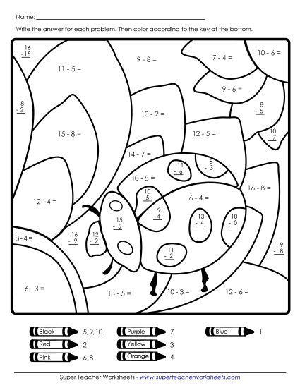 Subtraction - Subtraction Mystery Picture: Ladybug (Printable PDF Worksheet)