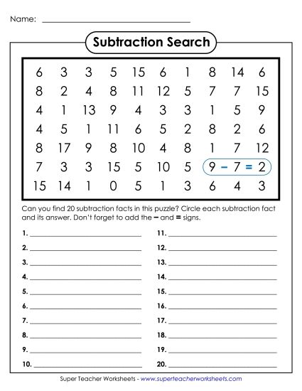 Subtraction Fact Practice - Subtraction Number Search  (Printable PDF Worksheet)