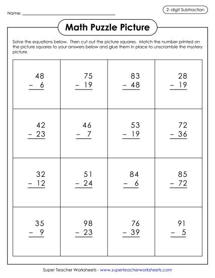 2-Digit Subtraction Worksheets - Subtraction Picture Puzzle: Farm Scene (Printable PDF Worksheet)