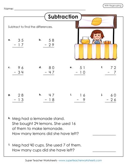 2-Digit Subtraction (With Borrowing) - Subtraction Practice (2-Digits / Regrouping) (Printable PDF Worksheet)