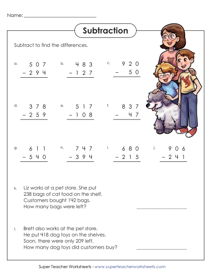3-Digit Subtraction Worksheets - Subtraction Practice (3-Digits/ Regrouping) (Printable PDF Worksheet)