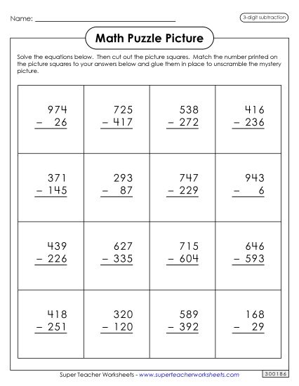 Groundhog Math - Subtraction Puzzle Picture: Groundhog Day (3-Digit Subtraction) (Printable PDF Worksheet)