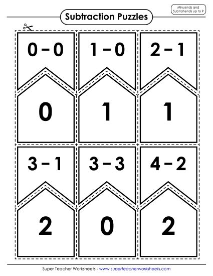 Cut-and-Glue Worksheets - Subtraction Puzzles: Minuends and Subtrahends up to 9 (Printable PDF Worksheet)