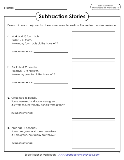 Concept Worksheets - Subtraction Stories Activity (Printable PDF Worksheet)
